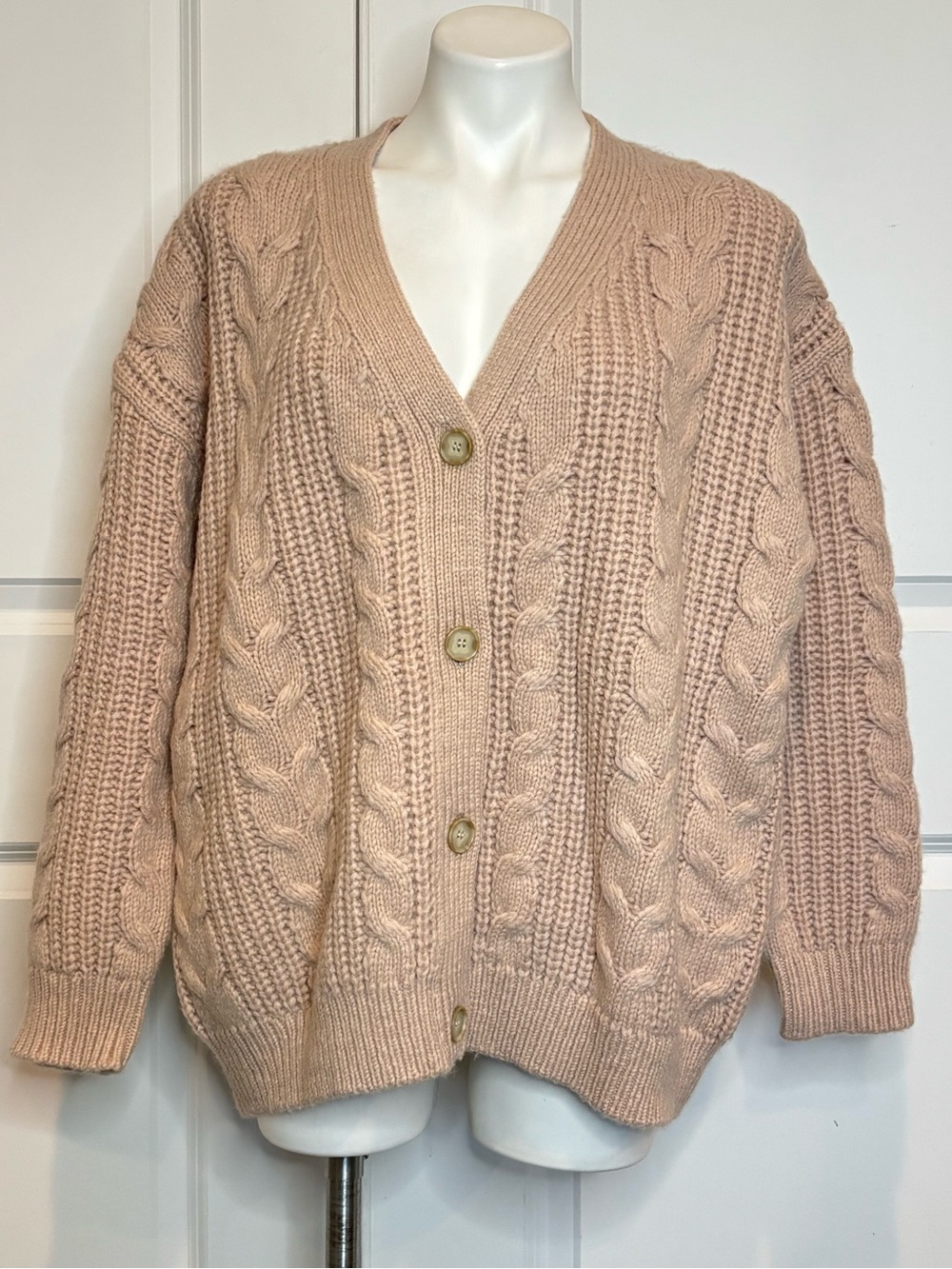 Jenni Kayne Light Beige Alpaca Wool Cable Knit Cocoon Cardigan Sweater XS
